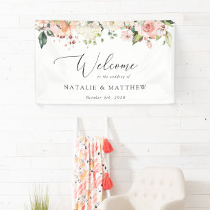 Pink Flowers, White Flowers, Boho, Wedding Welcome Banner