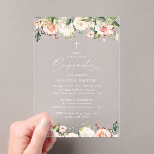 Pink Flowers, White Flowers, Floral Confirmation Acrylic Invitations