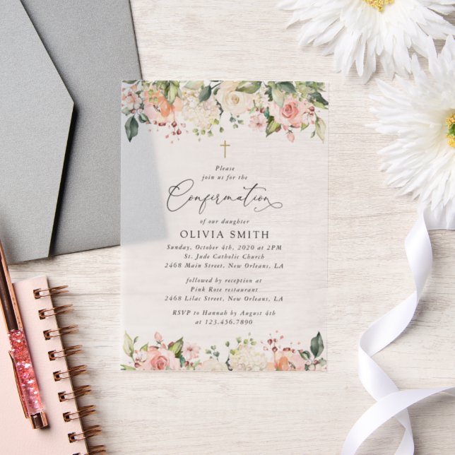 Pink Flowers, White Flowers, Floral Confirmation Vellum Invitations (Wedding)