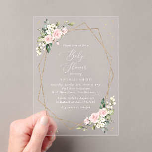 Pink Flowers, White Flowers, Greenery, Baby Shower Acrylic Invitations