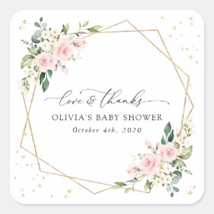 Pink Flowers, White Flowers, Greenery, Baby Shower Square Sticker