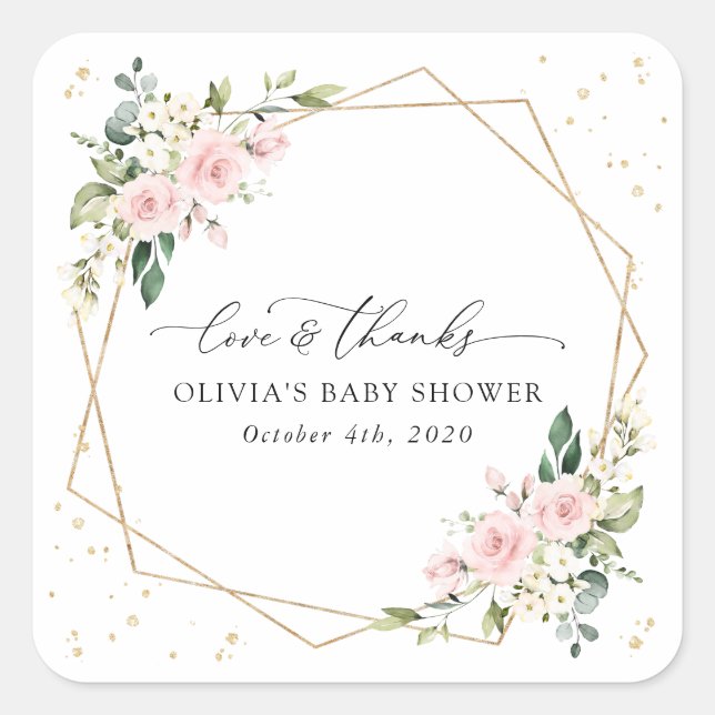 Pink Flowers, White Flowers, Greenery, Baby Shower Square Sticker (Front)