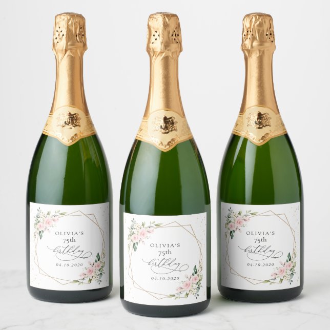 Pink Flowers, White Flowers, Greenery, Birthday Sparkling Wine Label (Bottles)