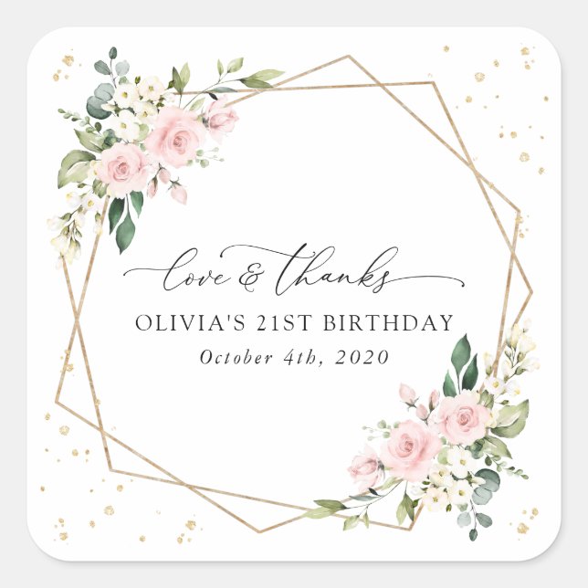 Pink Flowers, White Flowers, Greenery, Birthday Square Sticker (Front)