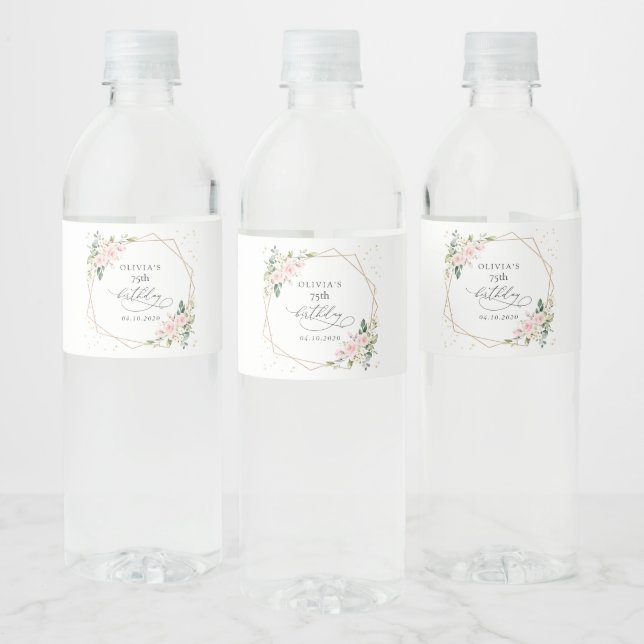 Pink Flowers, White Flowers, Greenery, Birthday Water Bottle Label (Bottles)