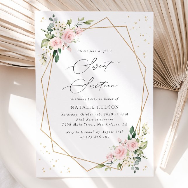 Pink Flowers, White Flowers, Greenery, Sweet 16 Invitation (Creator Uploaded)