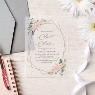 Pink Flowers, White Flowers, Greenery, Sweet 16 Vellum Invitations