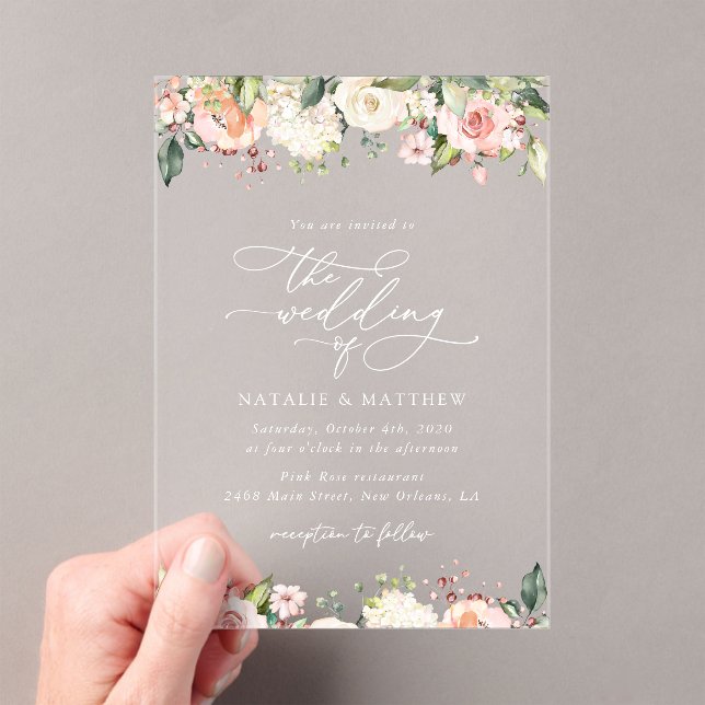 Pink Flowers, White Flowers, Greenery, Wedding Acrylic Invitations (Insitu (Handheld))