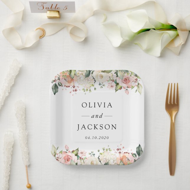 Pink Flowers, White Flowers, Greenery, Wedding Paper Plate (Wedding)