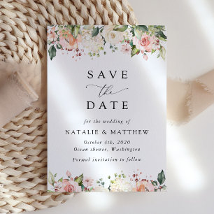 Pink Flowers, White Flowers, Greenery, Wedding Save The Date