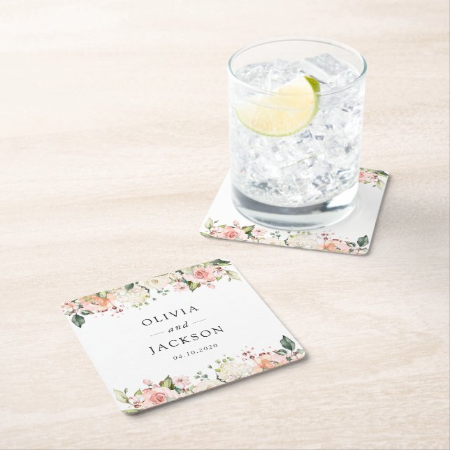 Pink Flowers, White Flowers, Greenery, Wedding Square Paper Coaster (Insitu)