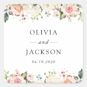Pink Flowers, White Flowers, Greenery, Wedding Square Sticker