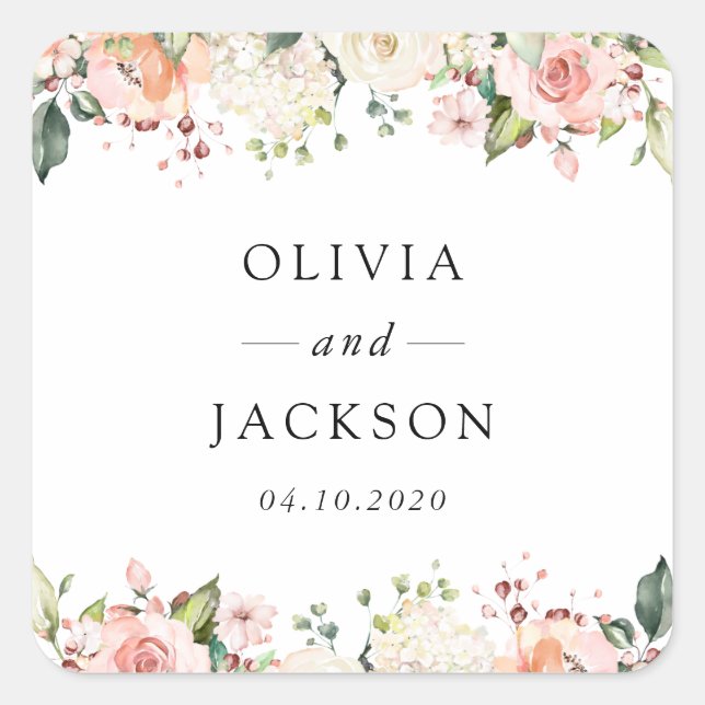 Pink Flowers, White Flowers, Greenery, Wedding Square Sticker (Front)