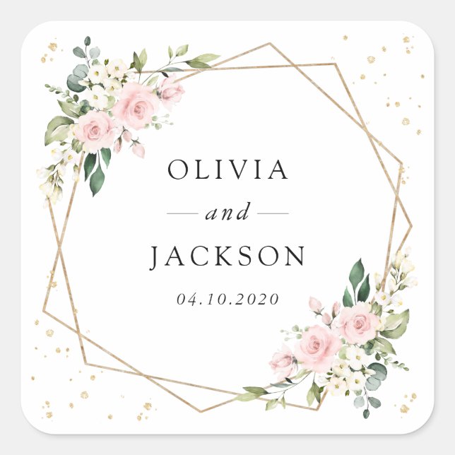 Pink Flowers, White Flowers, Greenery, Wedding Square Sticker (Front)