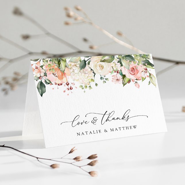Pink Flowers, White Flowers, Greenery, Wedding Thank You Card (Creator Uploaded)