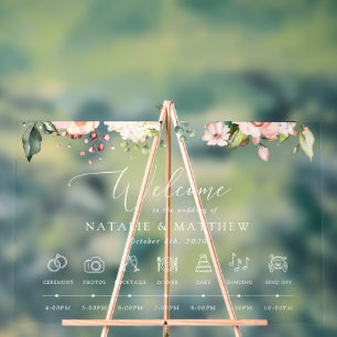 Pink Flowers, White Flowers, Wedding Timeline Acrylic Sign