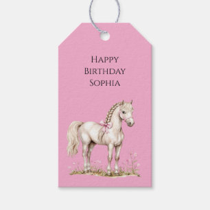 Pink Flowers White Horse Cowgirl Birthday Gift Tags