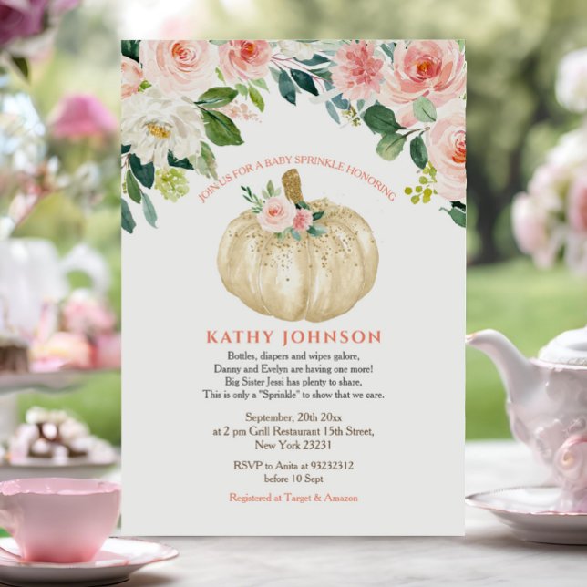 Pink Flowers White Pumpkin Baby Sprinkle Invitation (Creator Uploaded)
