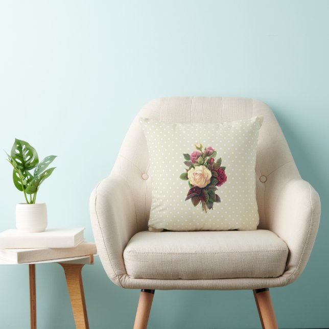 Pink Flowers, White Roses, Green Leaves, Floral Cushion (Chair)