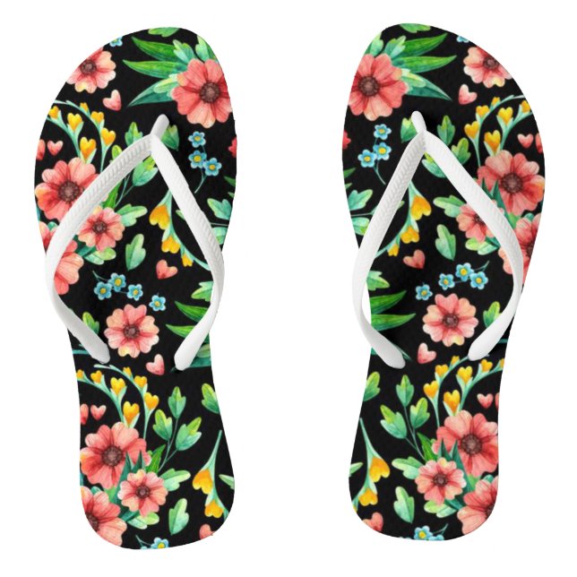 Pink Flowers with Black Background-235 Flip Flops (Footbed)