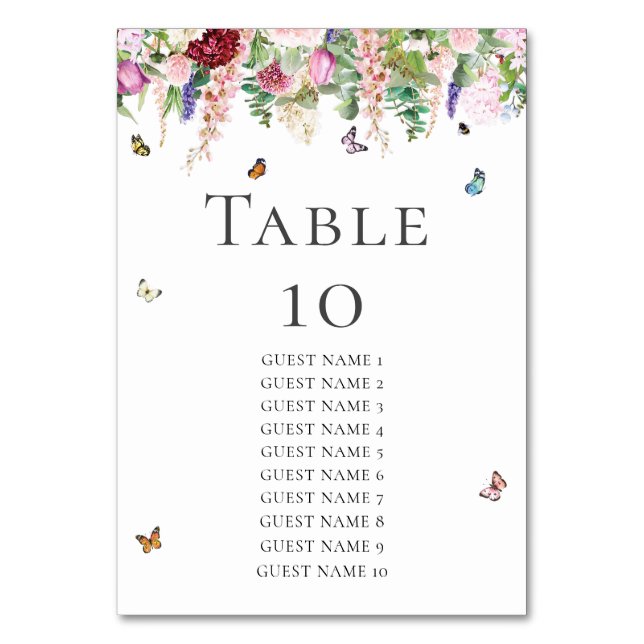 Pink Flowers with Butterflies & Guest Names Table Number (Front)