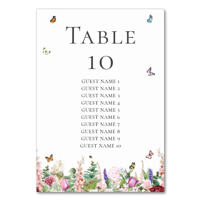 Pink Flowers with Butterflies & Guest Names  Table Number (Front)