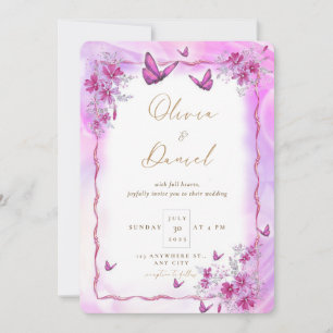 Pink Flowers with Butterflies Wedding Invitation
