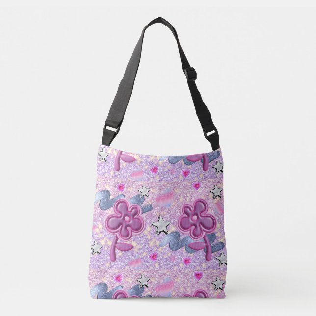 PINK FLOWERS WITH GLITTER STYLE CROSSBODY BAG (Front)