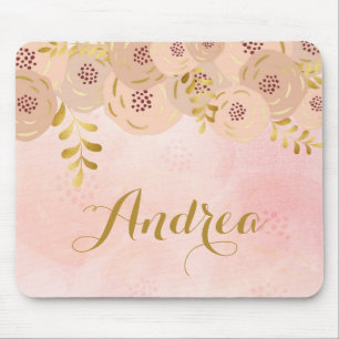 Pink Flowers with Gold Foil Accent Personalised Mouse Mat