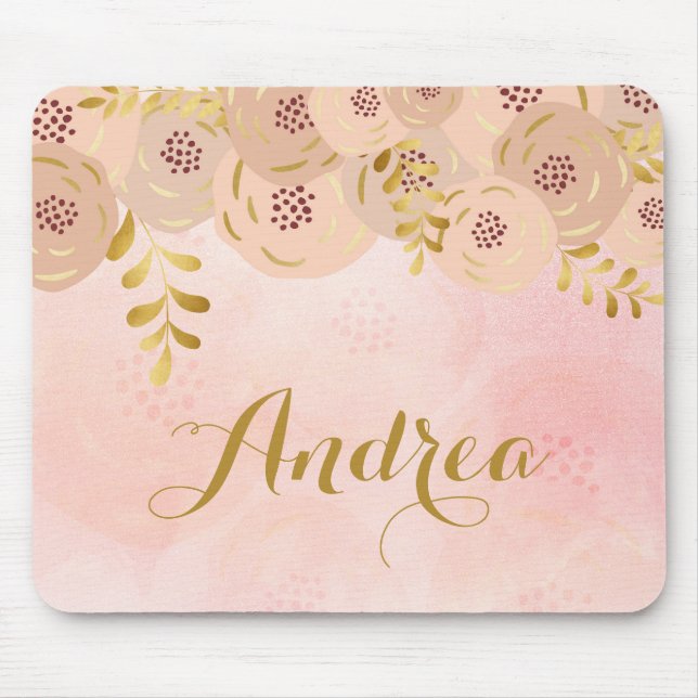 Pink Flowers with Gold Foil Accent Personalised Mouse Mat (Front)