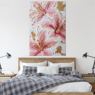Pink Flowers with Gold Texture Abstract Wall Art