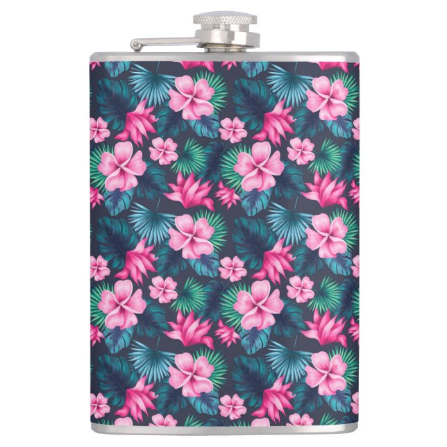 Pink Flowers with Green Leaves Partern-79066 Hip Flask (Front)
