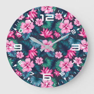 Pink Flowers with Green Leaves Partern-79066 Large Clock