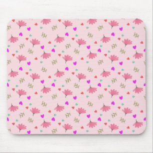 Pink Flowers With Hearts Mouse Mat