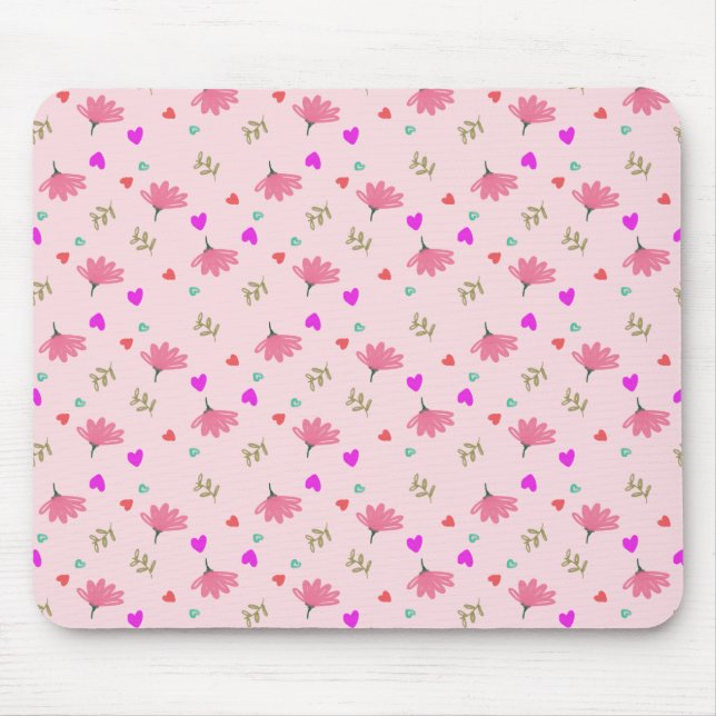 Pink Flowers With Hearts  Mouse Mat (Front)