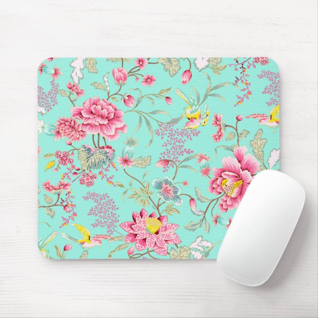 Pink Flowers With Hummingbird Mouse Pad (With Mouse)
