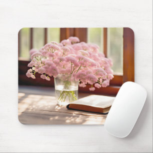 Pink Flowers With Old Book Mouse Mat