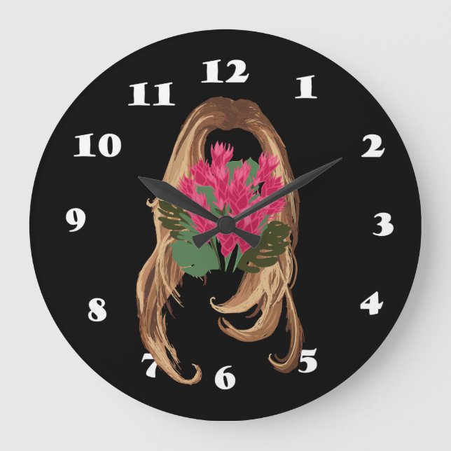 Pink Flowers & Woman Face Large Clock (Front)
