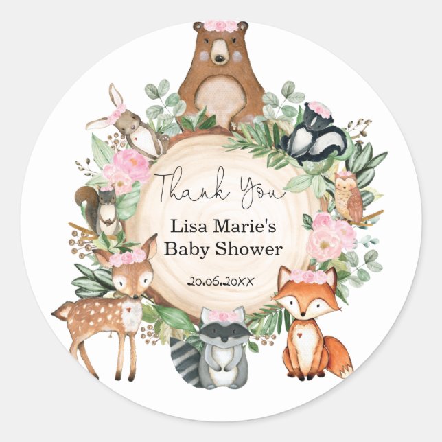 Pink Flowers Woodland Animals Baby Girl Shower Classic Round Sticker (Front)