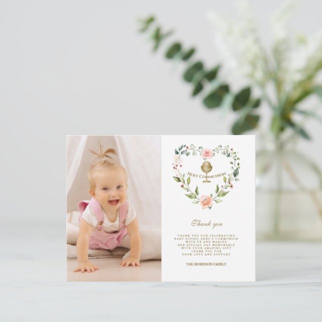 Pink Flowers Wreath Photo Girl Holy Communion Thank You Card (Standing Front)