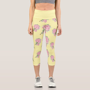 Pink flowers yellow pattern capri leggings