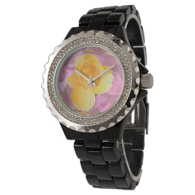 Pink Flowers Yellow Rose Black Rhinestone Watch (Angled)