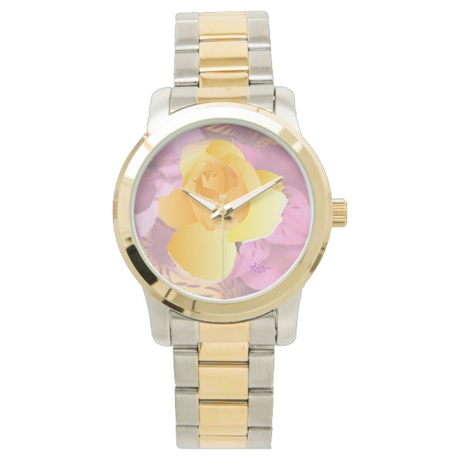Pink Flowers Yellow Rose Two-Toned Bracelet Watch (Front)
