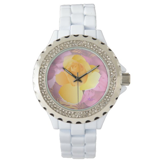 Pink Flowers Yellow Rose White Rhinestone Watch (Front)