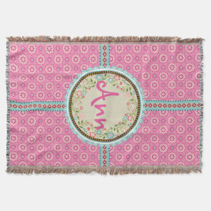 Pink & Flowery Name Label & Ribbon Throw Blanket
