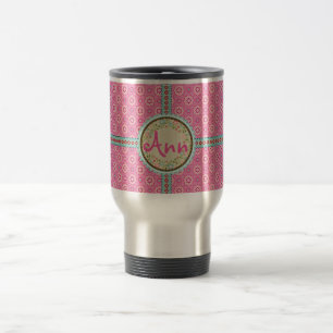 Pink & Flowery Name Label & Ribbon Travel Mug