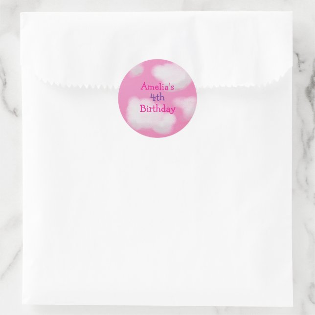 Pink fluffy clouds Personalised Birthday Classic Round Sticker (Bag)
