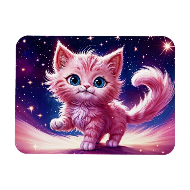 Pink fluffy cute cat  surreal blue eyes style magnet (Horizontal)