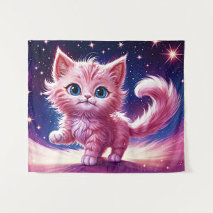 Pink fluffy cute cat surreal blue eyes style tapestry