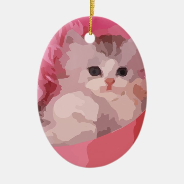 pink fluffy kitten ceramic tree decoration (Front)